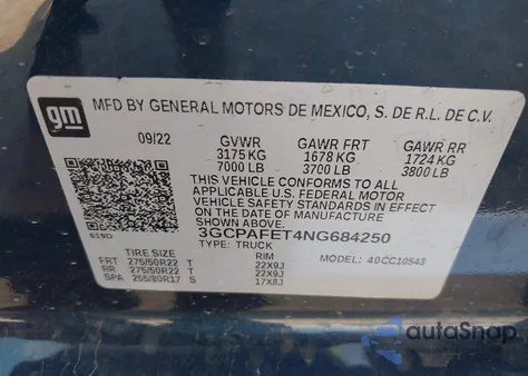 2022 Chevrolet Silverado 1500 2Wd Short Bed High Country из США, поврежденный, VIN 3GCPAFET4NG684250